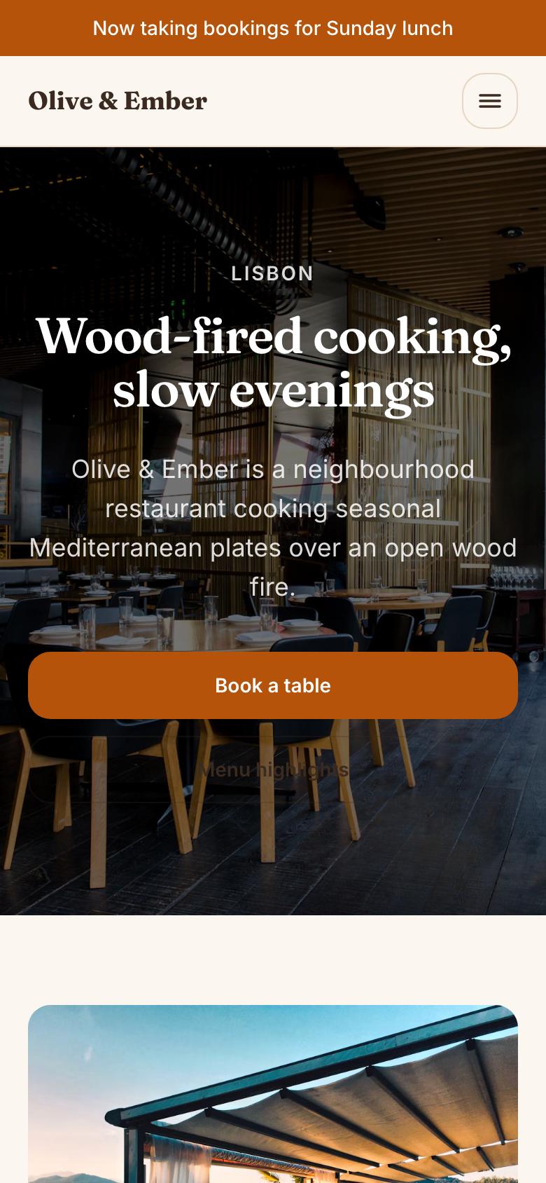 A restaurant website built with the builder, on a phone